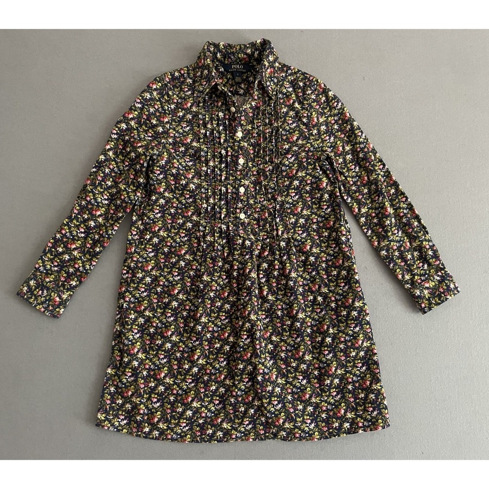 Polo Ralph Lauren Girl 8 Dress Corduroy Long Sleeve Button Navy Floral Classic‎